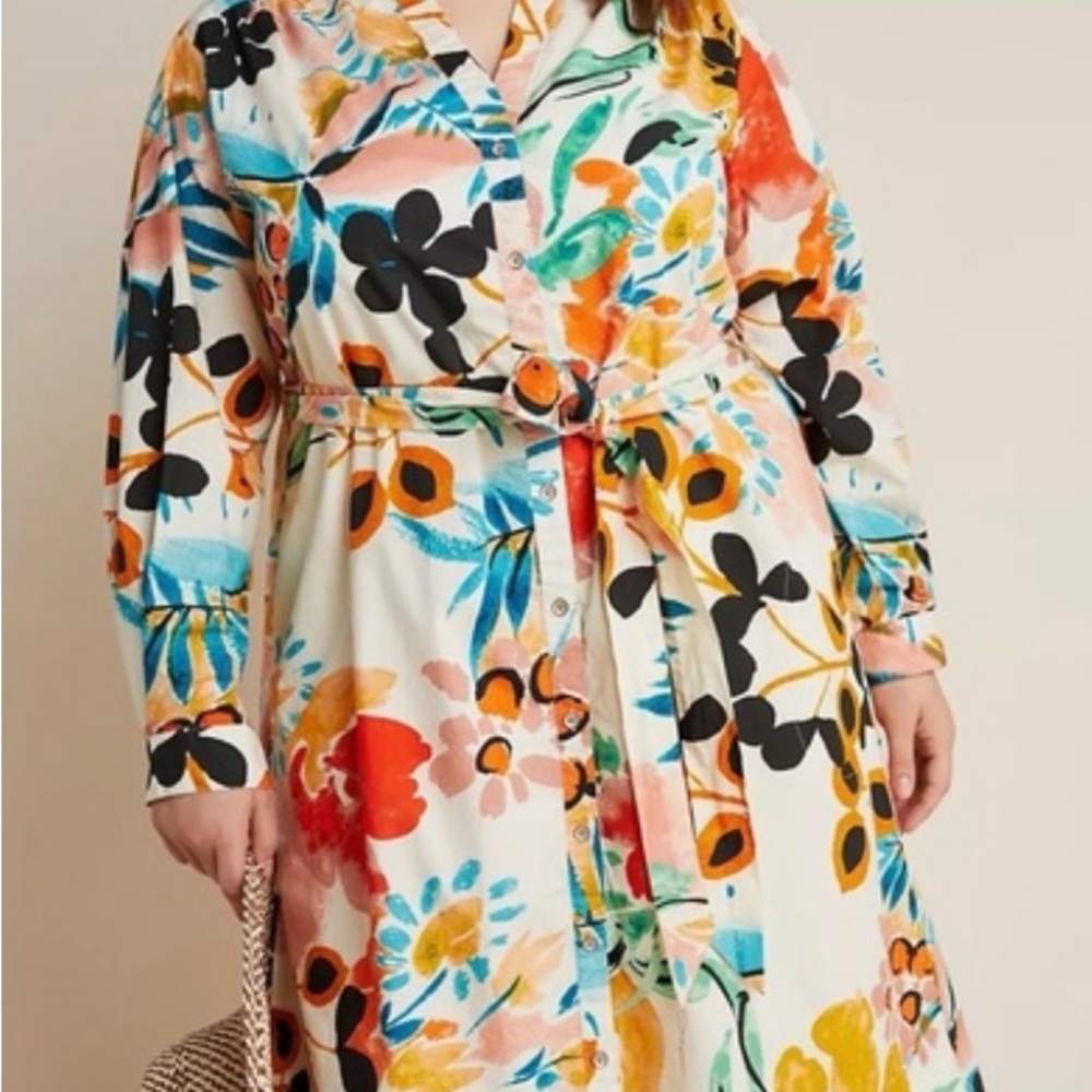 NWOT Anthropologie Vibrant Floral Long Sleeve Rilken Poplin Shirt Dress